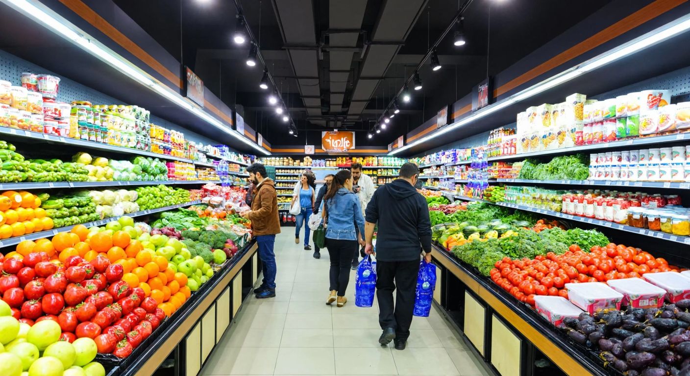 A vibrant Turkish supermarket aisle overflowing with fresh fruits, vegetables, dairy products, and packaged goods, with shoppers eagerly browsing the colorful displays.
