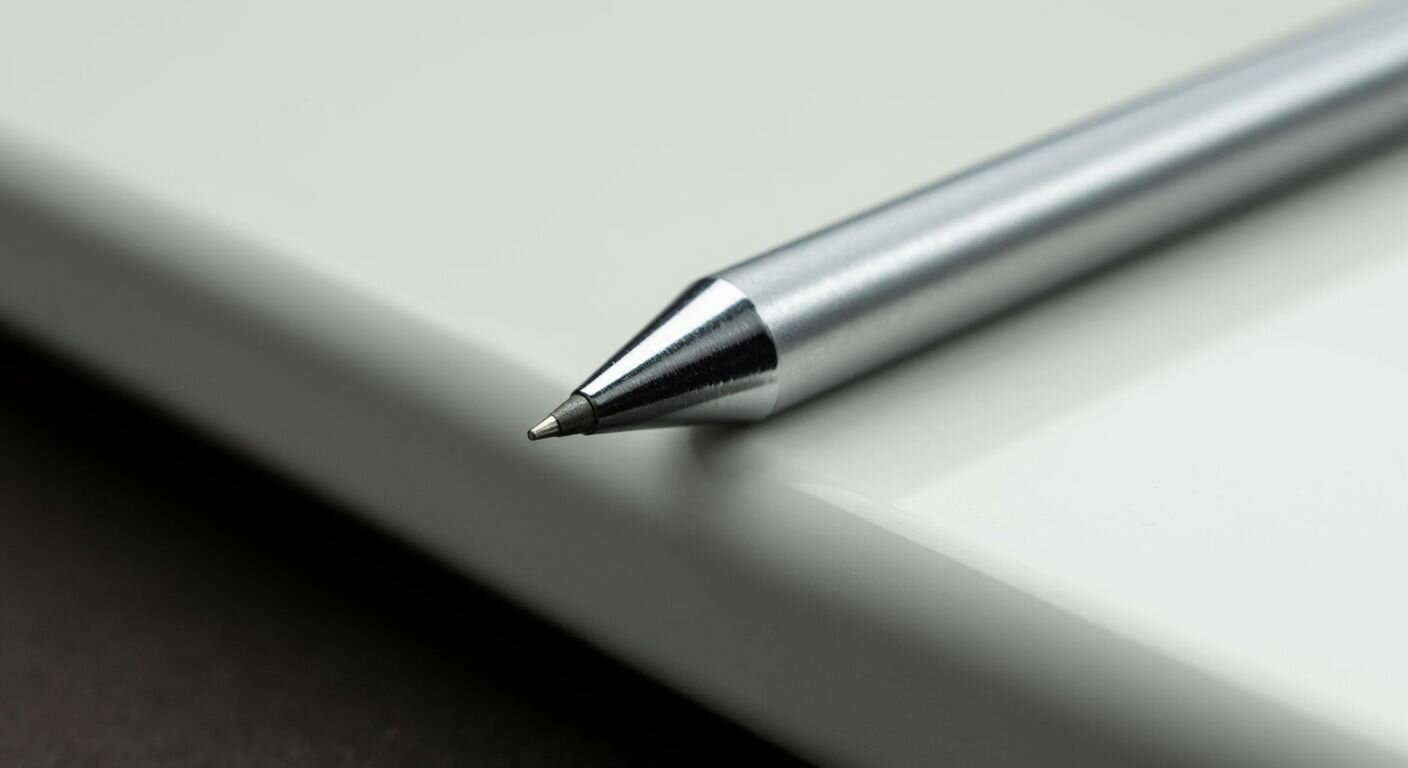 A close-up of a sleek silver mechanical pencil tip resting on a smooth white surface, with a fine 0.5 mm graphite lead protruding precisely from its point.