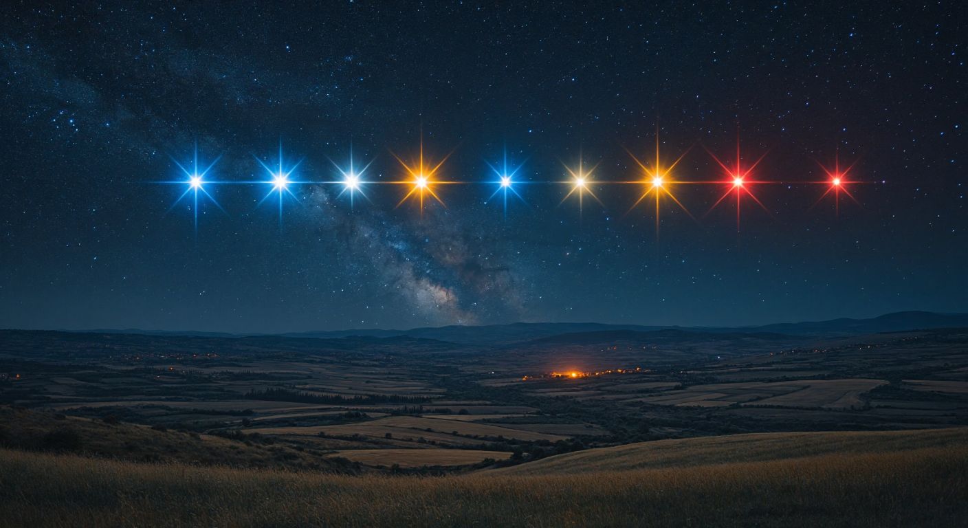A vast, starry night sky over a quiet Turkish countryside, with seven distinct stars glowing in different colors—blue, white, yellow, orange, and red—representing their spectral types.