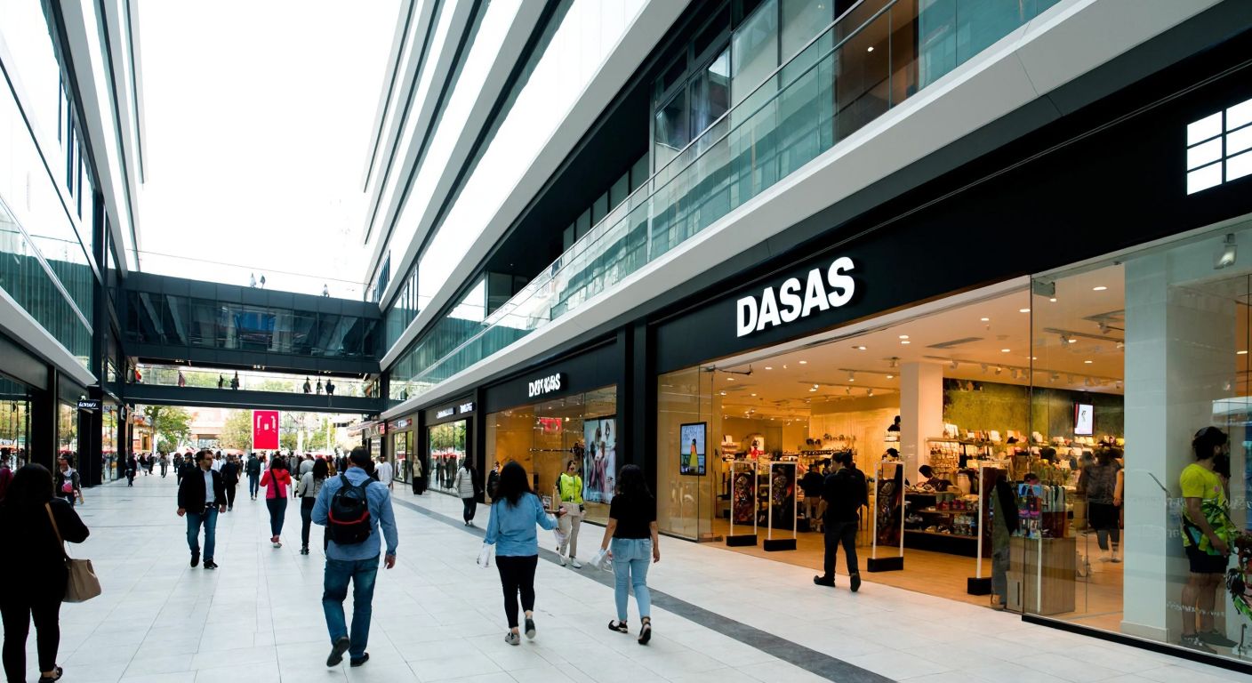 A bustling modern shopping mall in Istanbul, with people strolling past a vibrant DasDas storefront, framed by sleek glass and steel architecture under a bright sky.