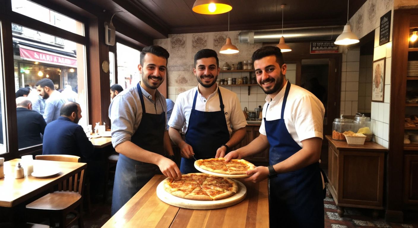 A warm, bustling pide restaurant in Istanbul's Fatih district, with three smiling brothers in aprons serving golden, steaming pide to happy customers at wooden tables.