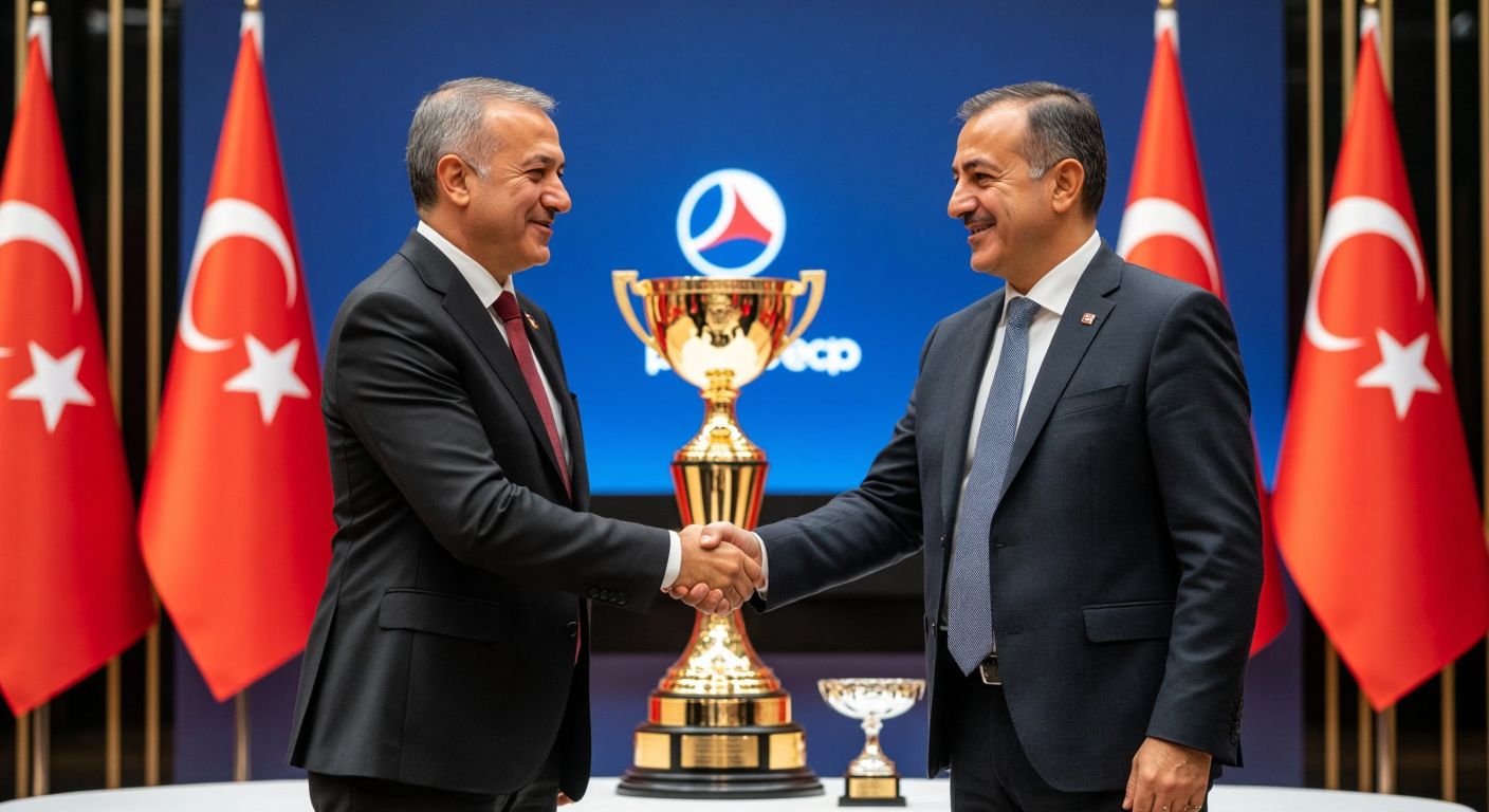 A Turkish executive in a formal suit and a global business leader in a sleek blazer shaking hands warmly in a grand ceremony hall, with golden trophies and a backdrop of Turkish flags and PepsiCo branding.