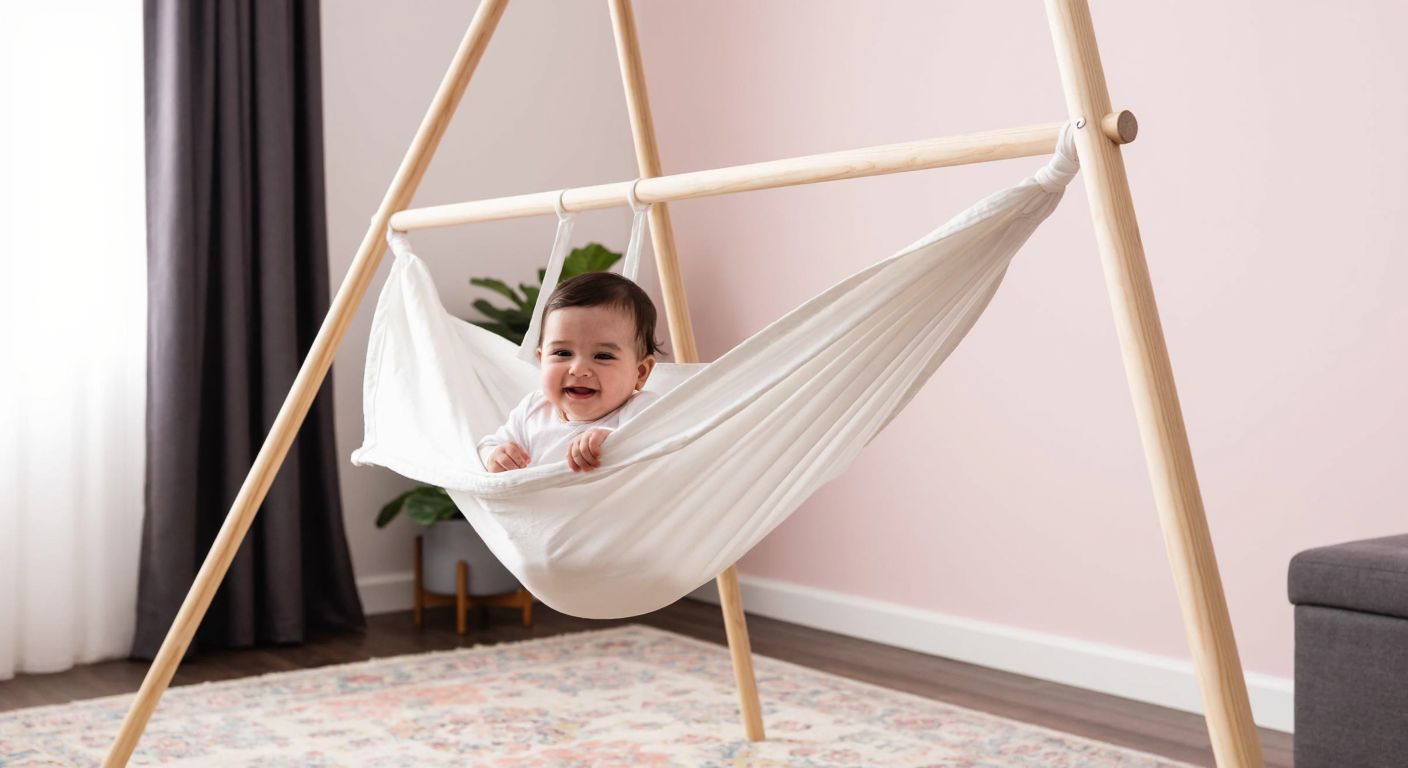 A cozy Turkish nursery with a wooden ceiling-mounted baby hammock gently swaying, a smiling infant nestled safely inside, surrounded by soft pastel-colored walls and a patterned rug below.