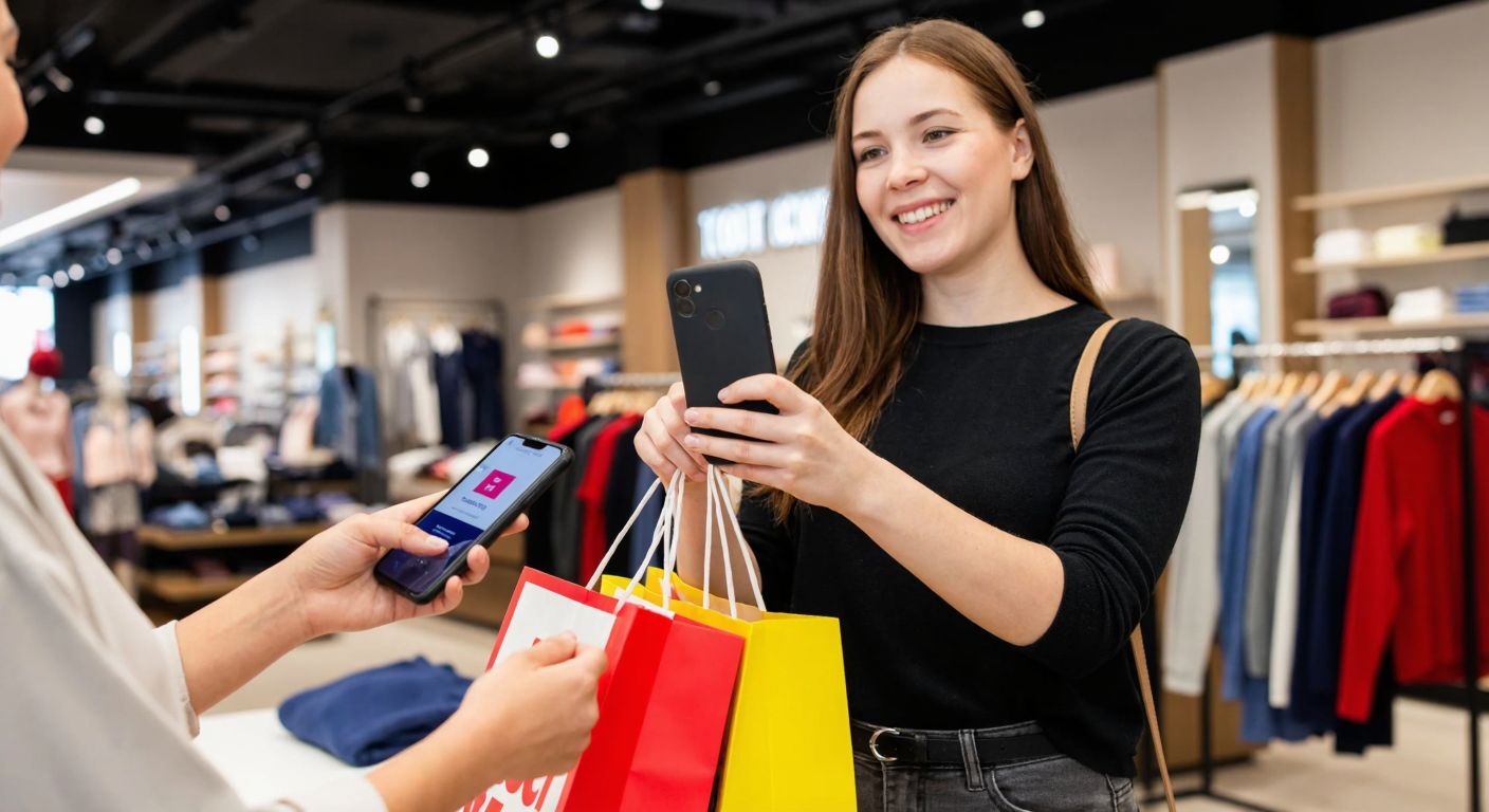 A smiling young woman in a modern Koton store hands a colorful shopping bag to a cashier while holding her phone with a visible loyalty app open, surrounded by racks of stylish clothing under bright store lights.