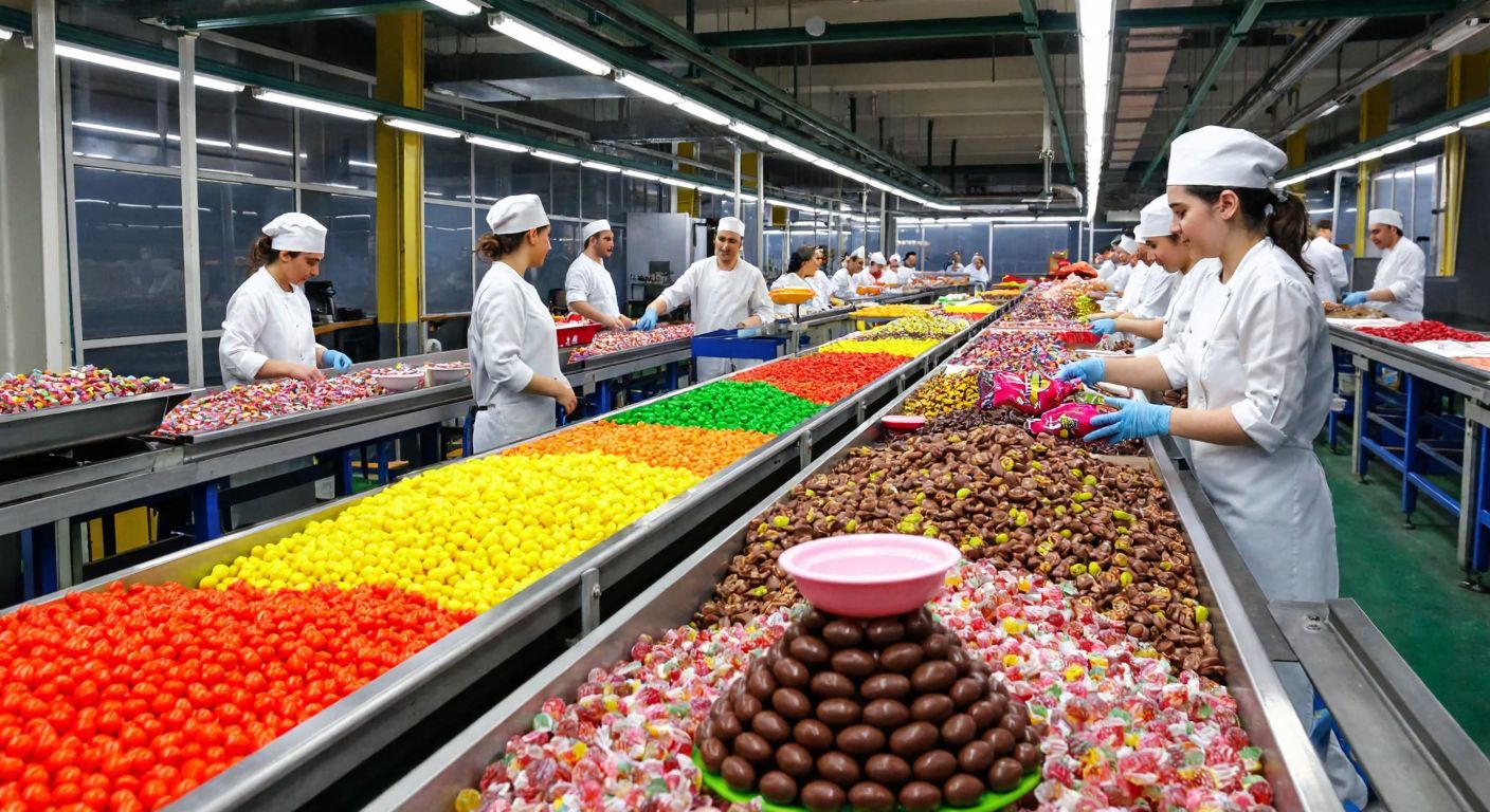A colorful factory in Turkey with conveyor belts filled with assorted candies, chocolates, and surprise eggs, surrounded by cheerful workers in white uniforms packaging sweets.