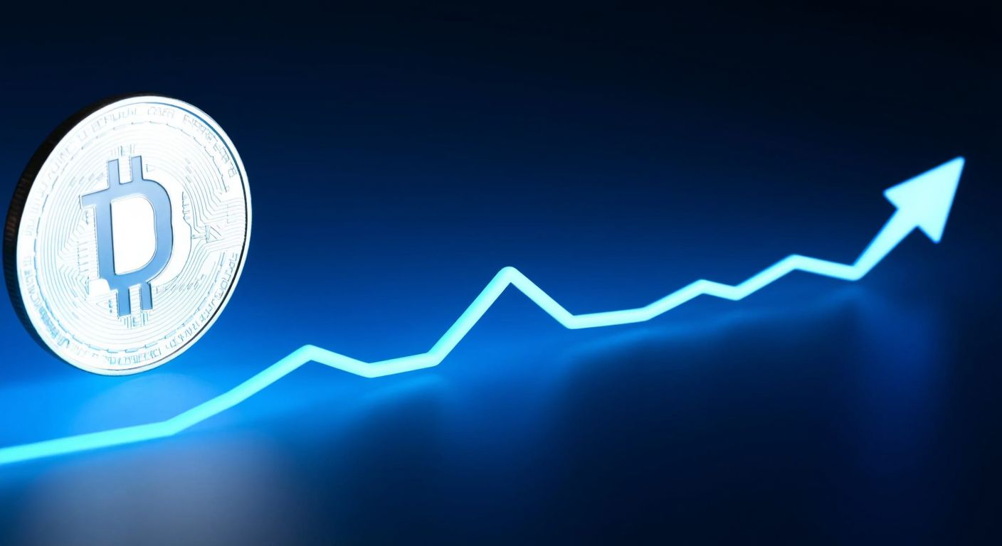 A glowing digital coin with a fluctuating upward arrow against a dark blue background, symbolizing the peak value of io.net.