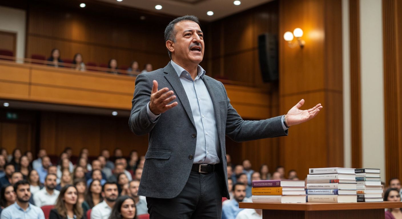 A middle-aged Turkish man in a smart blazer stands confidently on a stage, gesturing passionately to an engaged audience in a seminar hall, with stacks of his personal development books displayed on a nearby table.