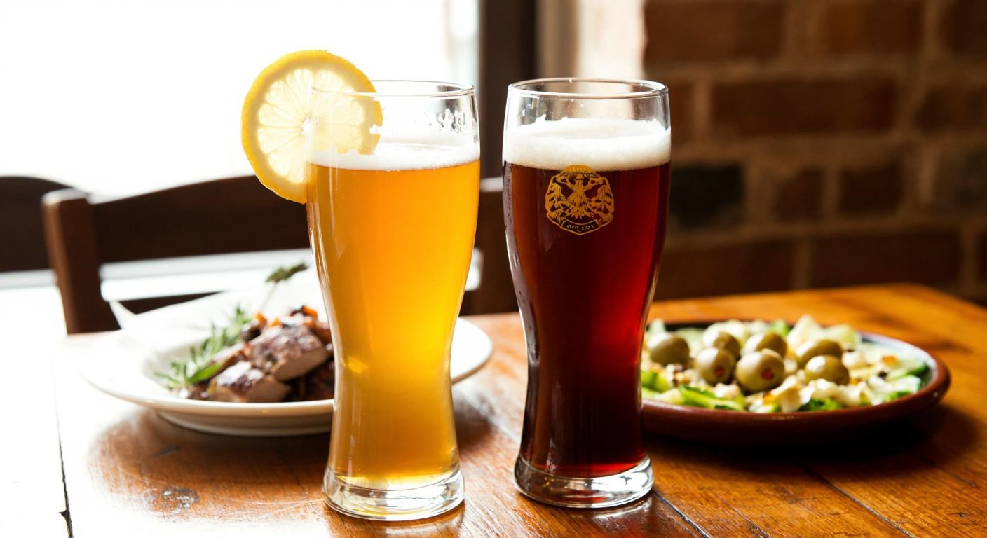 A rustic wooden table in a cozy Turkish tavern holds two frosty glasses of beer—one golden and light, garnished with a lemon slice (representing summer brews like Ege Pilsner), and the other dark amber with a creamy head (symbolizing winter beers like Dunkel Lager), while a plate of meze with olives and ezme sits nearby.