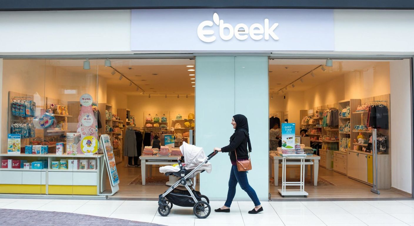 A cheerful young mother in a headscarf pushes a stroller toward a bright, modern ebebek storefront in Bursa, with colorful baby products displayed in the window.