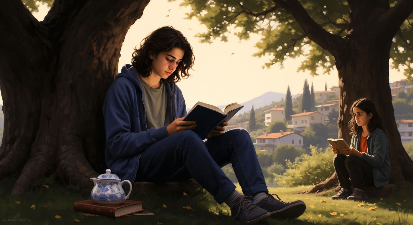 A Turkish teenager sitting under a tree, engrossed in reading a book with a deep blue cover, while a concerned parent watches from a distance, holding a steaming cup of çay.