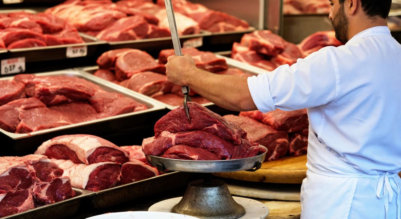 A butcher in a white apron carefully weighing fresh red meat on a traditional scale in a bustling Turkish market, with trays of raw beef and lamb cuts displayed behind him.