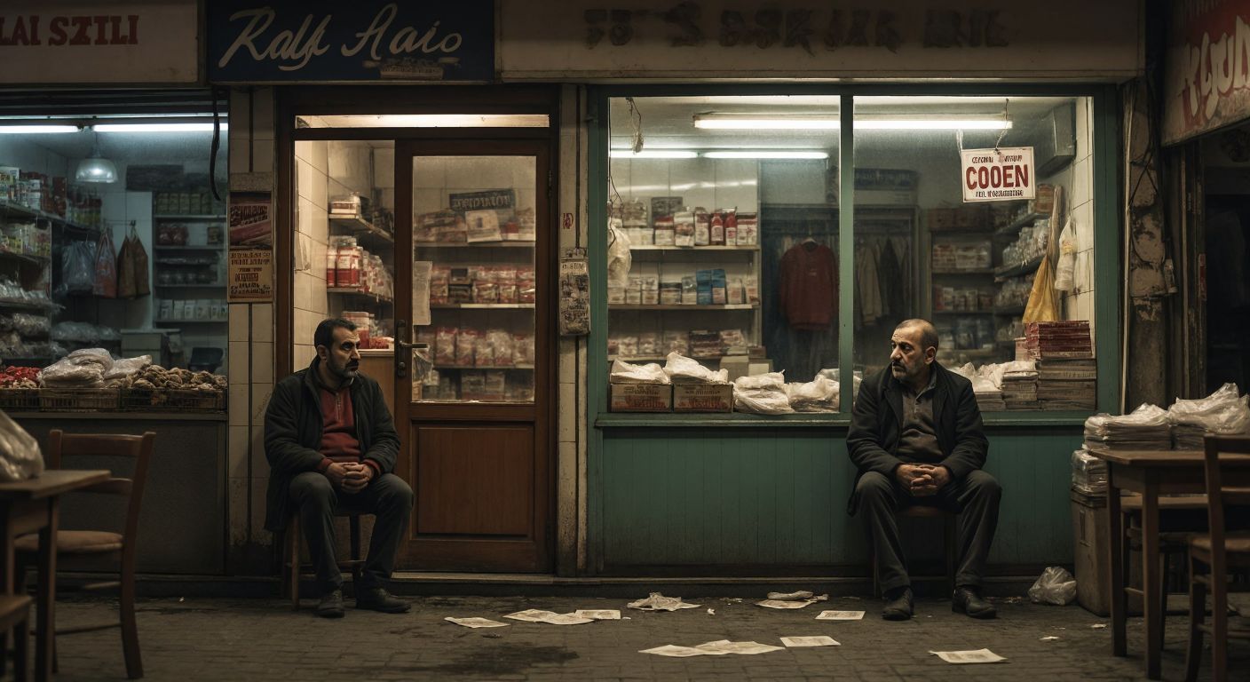 A weary Turkish shop owner sits alone in a dimly lit, empty store, surrounded by unpaid bills and a closed sign on the door, with a tense meeting of arguing partners visible through a backroom window.