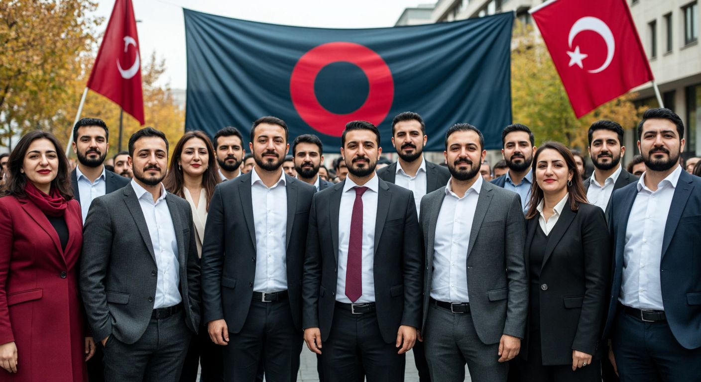 A group of diverse Turkish educators in formal attire standing together under a large union banner in Ankara, with expressions of solidarity and determination.