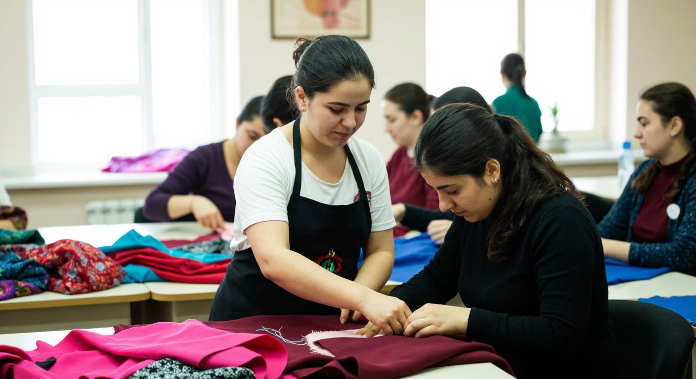 A young adult in a bustling Turkish Halk Eğitim Merkezi classroom, attentively learning sewing from an instructor, with colorful fabrics and eager classmates in the background.