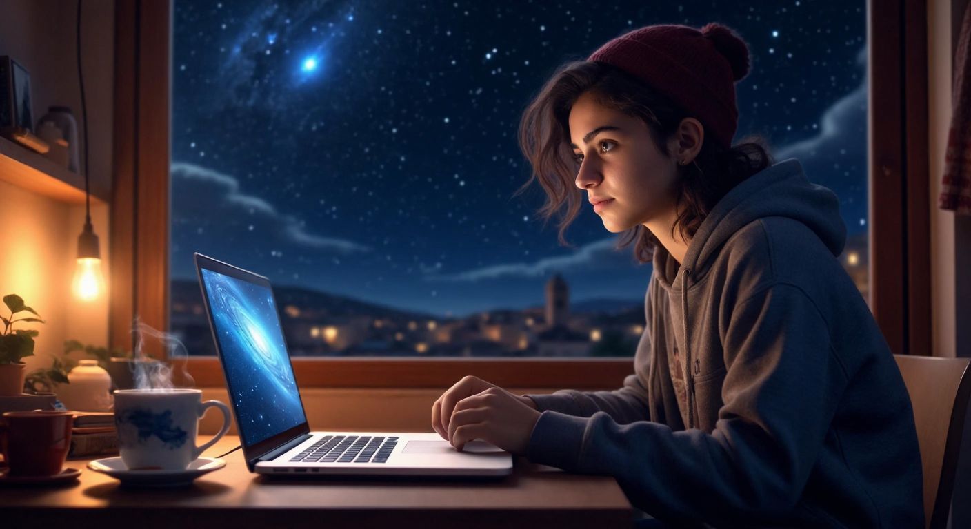 A young Turkish student sits at a wooden desk indoors, gazing at a laptop screen displaying a starry night sky, with a steaming cup of Turkish tea beside them, their face lit with curiosity and wonder.