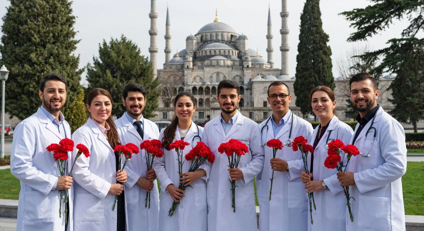 A group of smiling Turkish doctors in white coats standing proudly in front of a historic Istanbul building, holding red carnations as a symbol of gratitude and resistance.