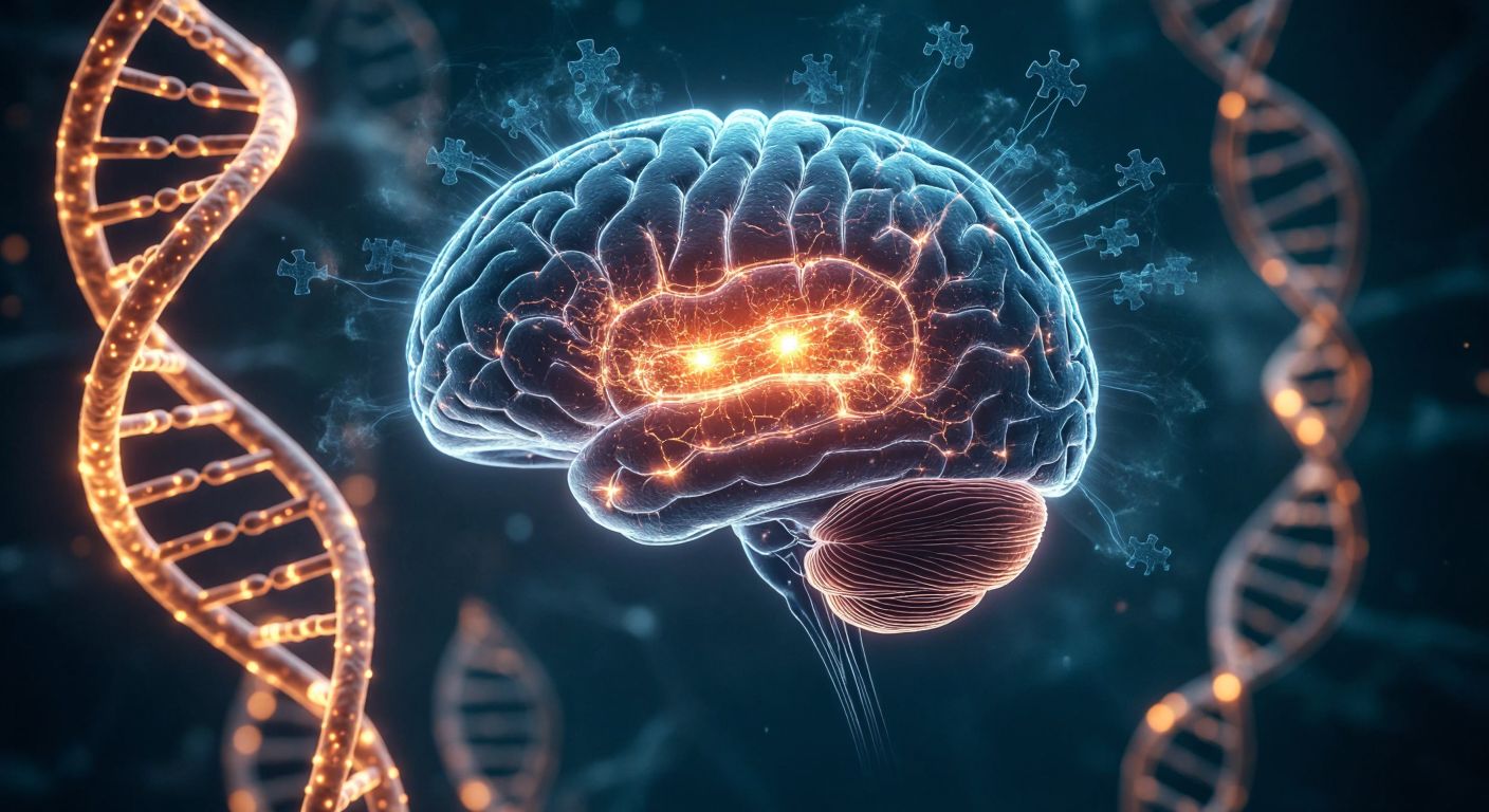 A glowing human brain with intricate neural pathways, surrounded by abstract strands of DNA and a faint silhouette of a puzzle piece, symbolizing the mystery of Savant syndrome's origins.