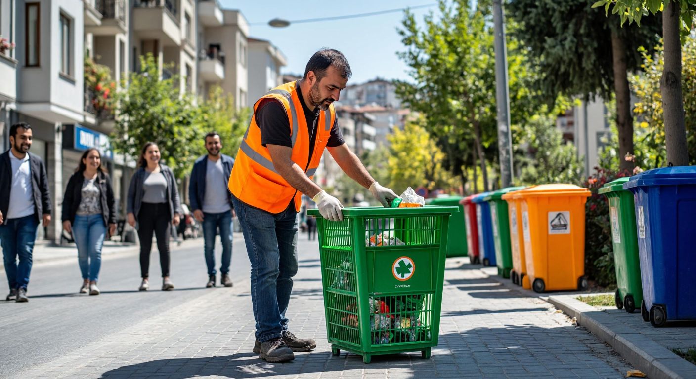 A municipal worker in a bright orange vest carefully places a green recycling cage on a sunny street corner in a Turkish city, surrounded by colorful bins and smiling locals watching the installation.