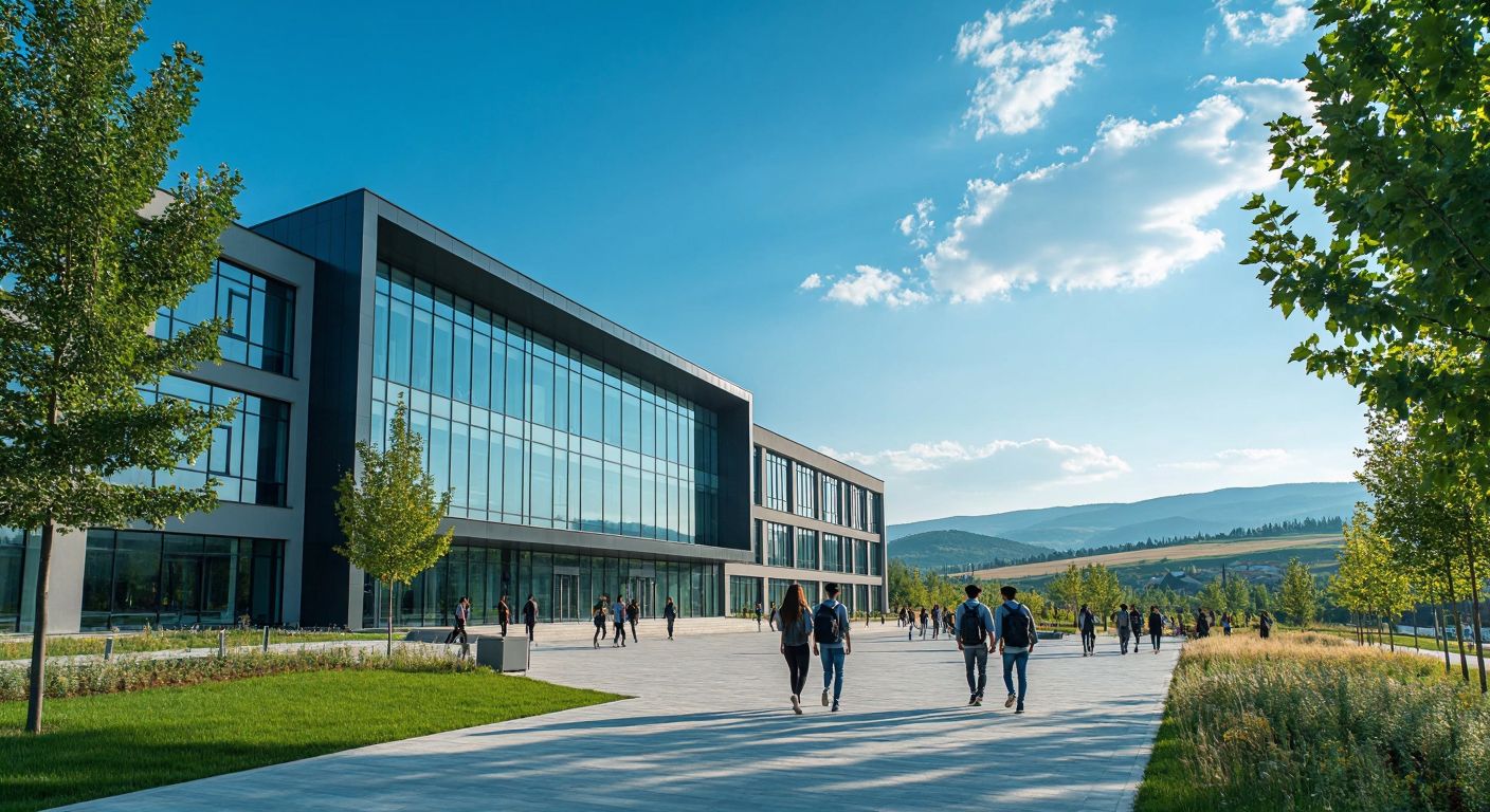 A modern university campus in Karabük, Turkey, with students walking past a sleek glass-fronted building under a bright blue sky, surrounded by green trees and the distant silhouette of rolling hills.