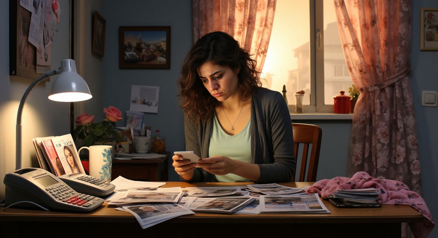 A worried woman in a modest Turkish home sits at a table with an Avon catalog and unpaid bills, nervously holding a phone while looking at a customer service number on a sticky note.