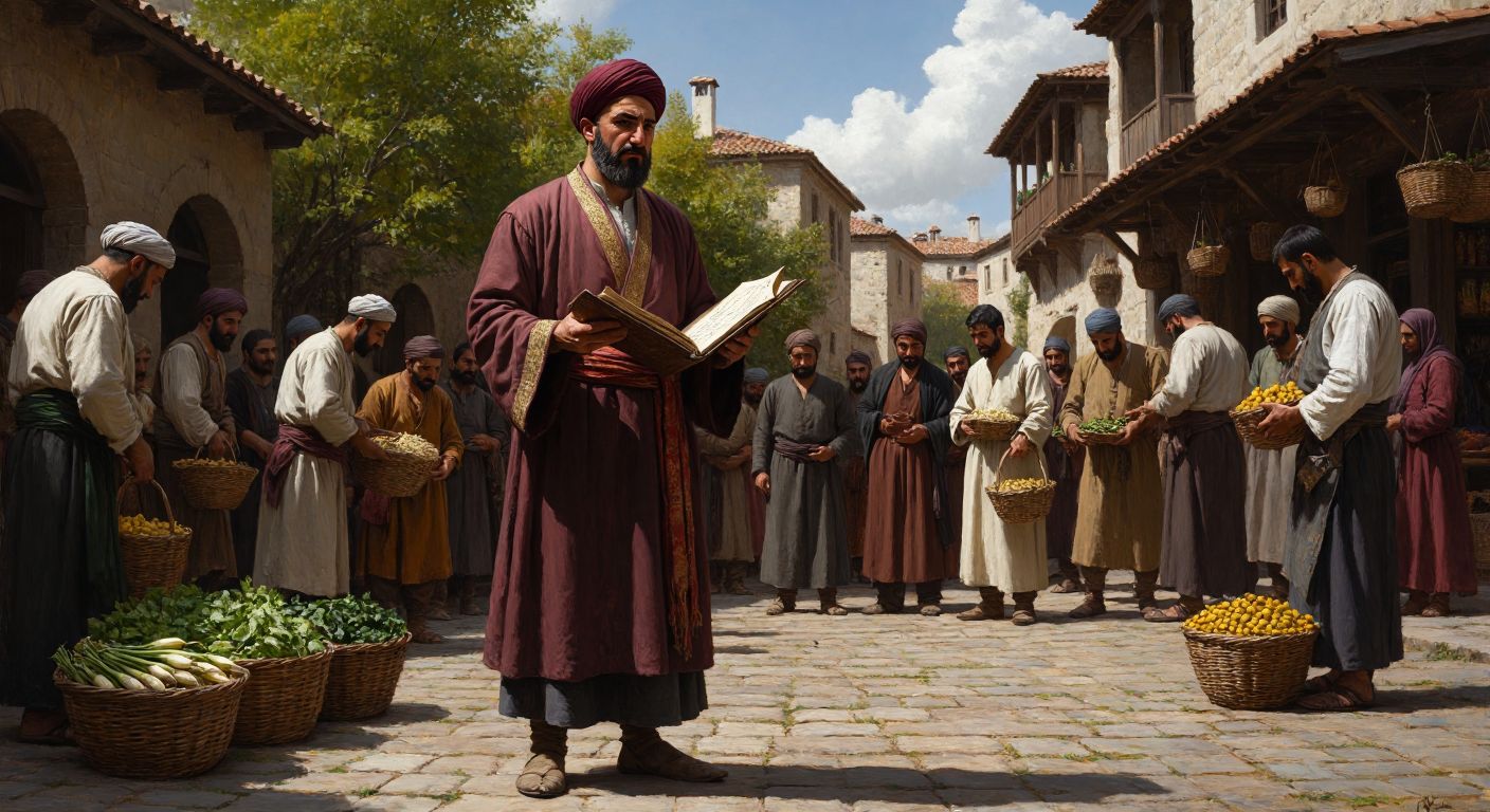 A stern Ottoman tax collector in traditional robes stands in a sunlit village square, holding a ledger while villagers bow nervously with baskets of crops at their feet.