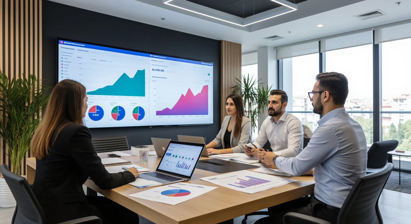 A modern office in Turkey with professionals analyzing colorful charts and graphs on a large screen, surrounded by printed reports and a sleek digital dashboard displaying performance metrics.