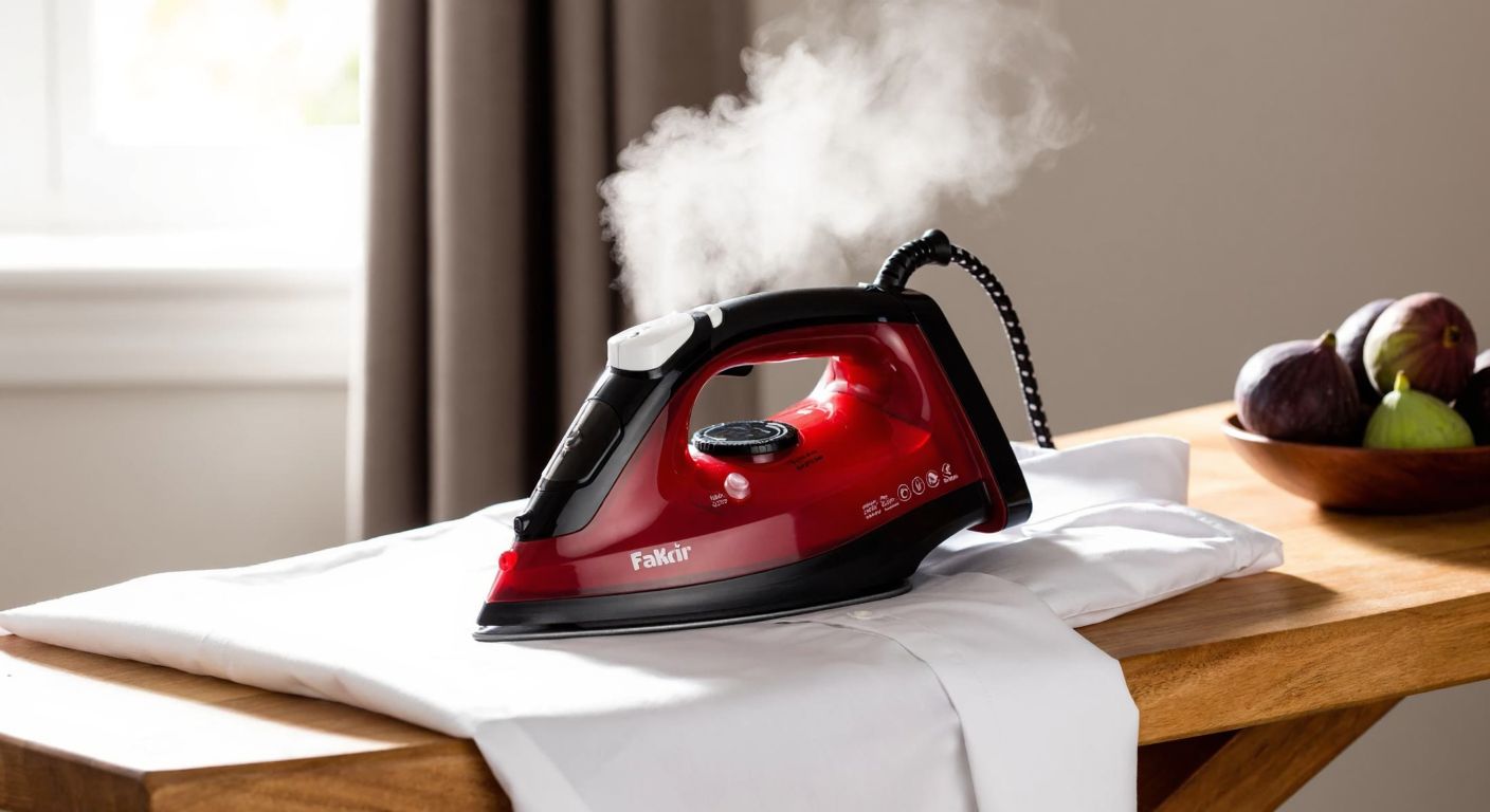 A sleek red Fakir Skygo iron emitting steam on a neatly pressed white shirt, placed on a wooden ironing board in a sunlit Turkish home with a bowl of fresh figs on a nearby table.