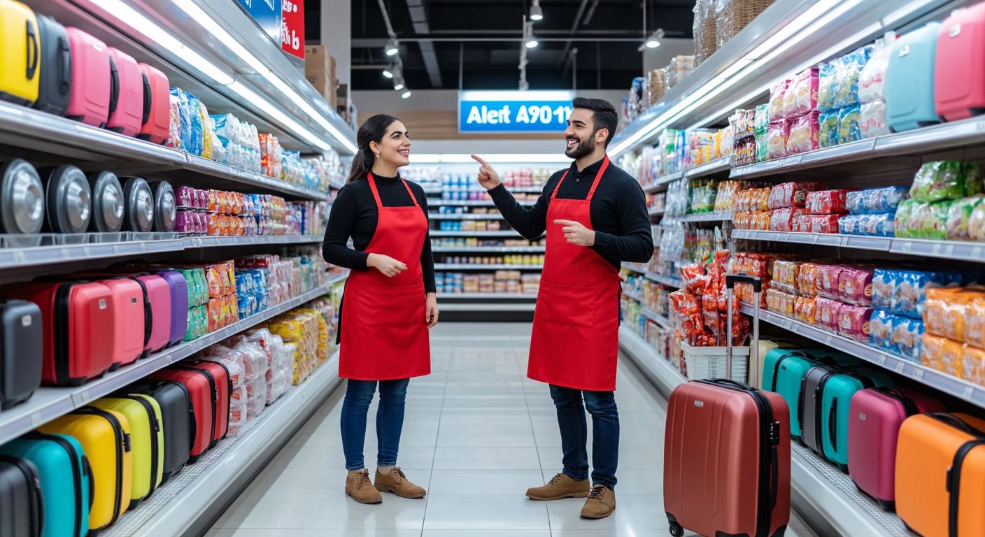A bright A101 supermarket aisle in Turkey, with neatly stacked colorful luggage wheels on a shelf, a smiling shop assistant in a red apron pointing toward them, and a customer holding a suitcase with a broken wheel looking relieved.
