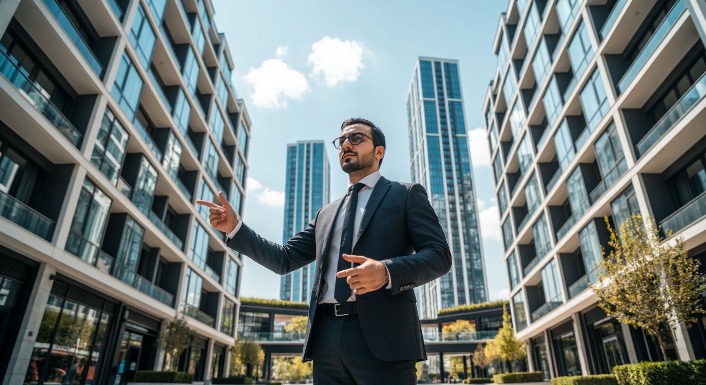 A modern Turkish businessman in a sharp suit confidently gestures toward a sleek glass-fronted shopping mall and luxury apartment complex under a bright Istanbul sky.