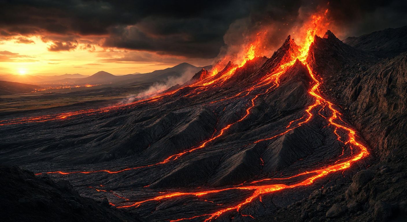 A dramatic landscape of Turkey’s rugged mountains rising sharply from the earth, with molten lava seeping through cracks and distant tremors shaking the ground, illustrating the powerful forces of orogenesis, volcanism, and earthquakes.