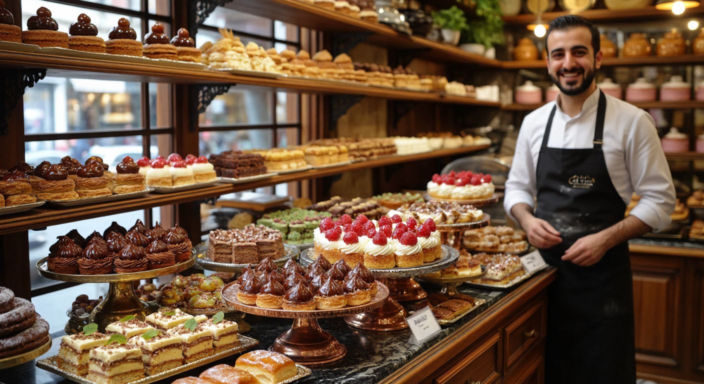A vibrant display of Bursa's famous pastries—Marshal cake with its creamy layers, glossy chestnut candies, and an assortment of desserts from Uzay and Rıhtım patisseries—arranged on a traditional Turkish copper tray in a cozy pastane with warm wooden shelves and a smiling baker in the background.