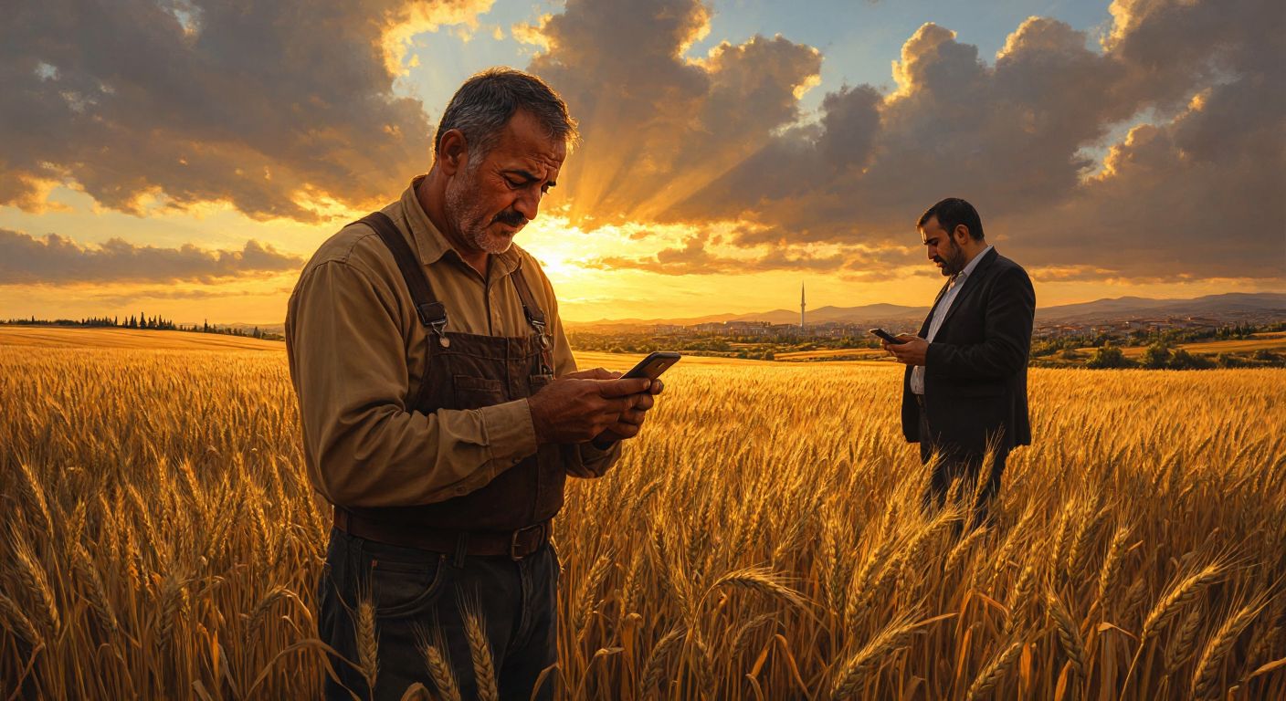 A Turkish farmer in a sunlit wheat field checks his phone with a hopeful expression, while a government official in Ankara sends an SMS from a computer in a modern office.