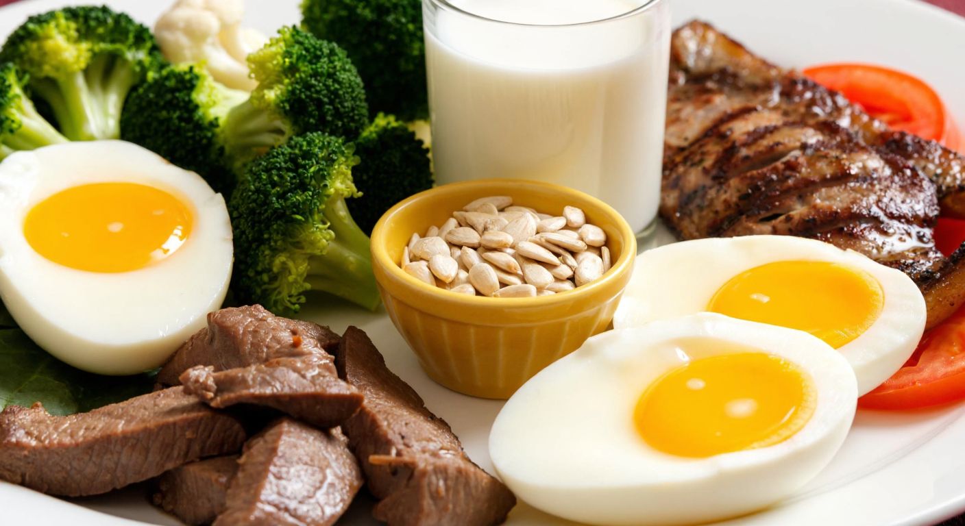 A vibrant Turkish breakfast spread featuring a golden-yolked boiled egg, a small bowl of roasted sunflower seeds, a plate of grilled fish, and a side of sautéed liver, with fresh broccoli and cauliflower arranged neatly beside a glass of soy milk.