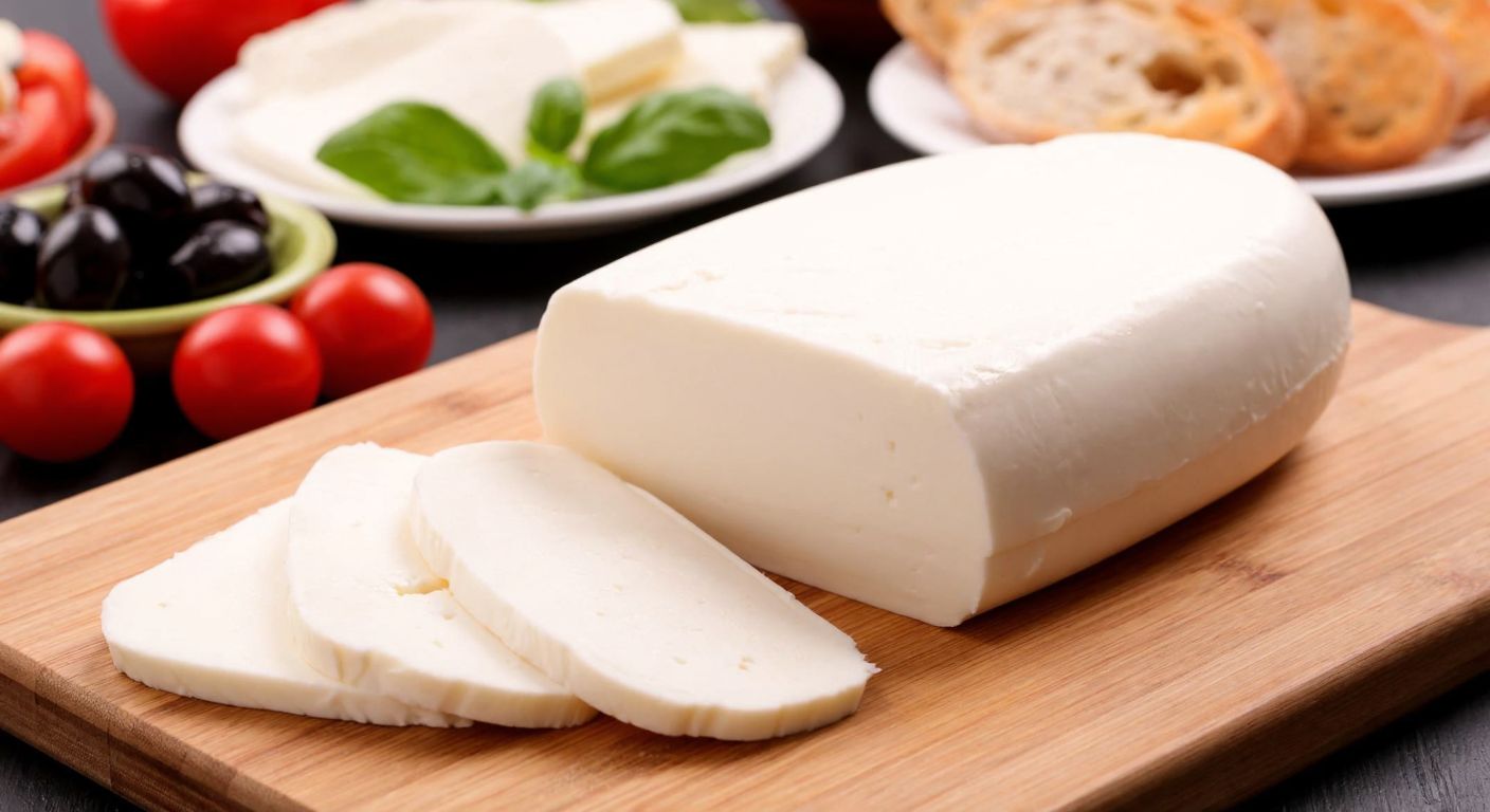 A close-up of a smooth, creamy slice of full-fat dil peyniri resting on a wooden cutting board, with a traditional Turkish breakfast spread in the background, including olives, tomatoes, and fresh bread.