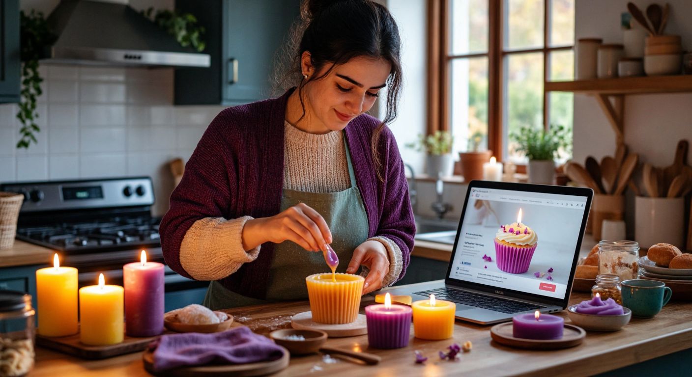 A Turkish woman in a cozy kitchen carefully pours melted wax into a cupcake-shaped mold, surrounded by colorful candles, baking tools, and a laptop displaying a Pinterest page with DIY candle ideas.