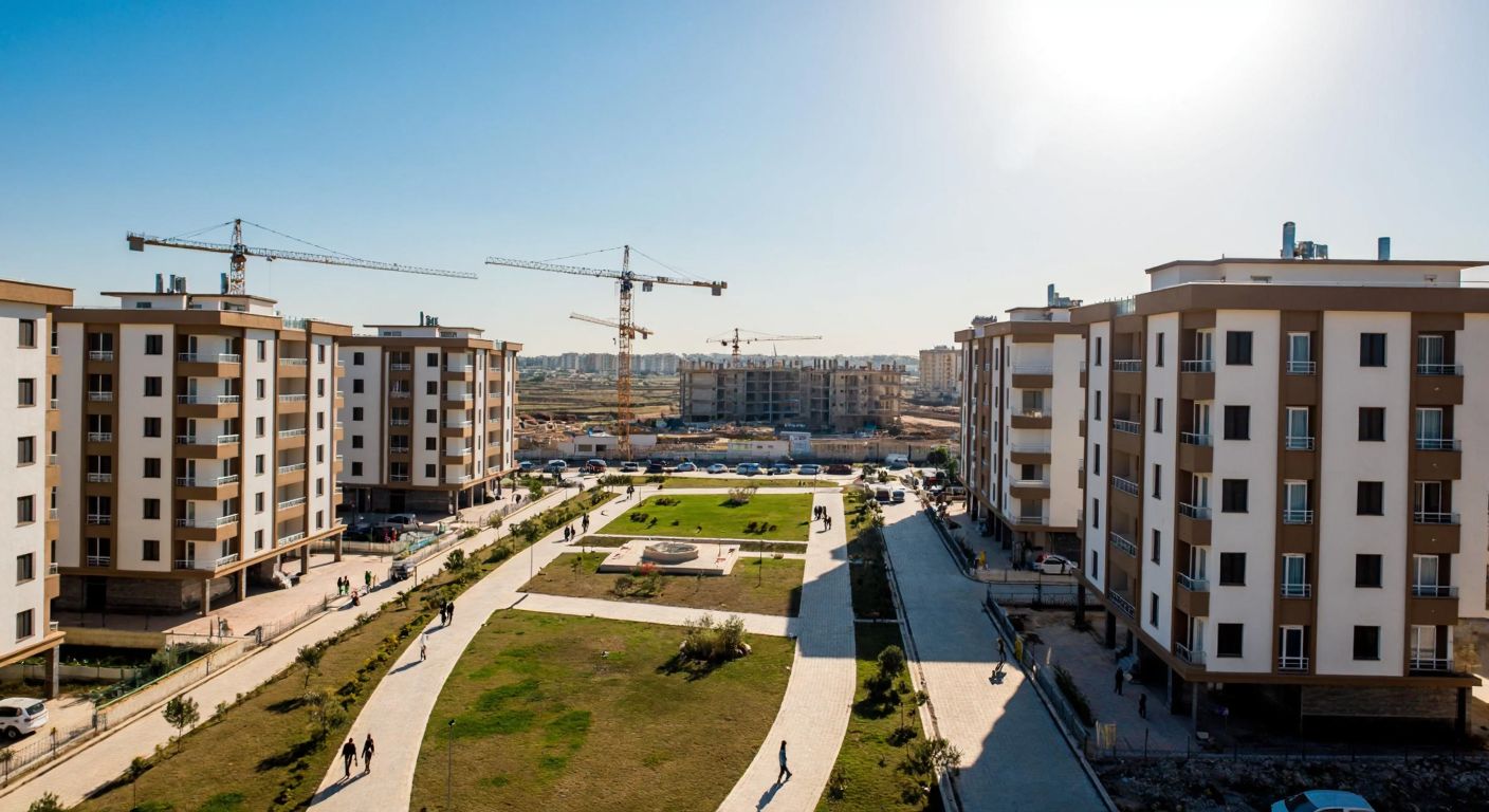 Aerial view of modern apartment blocks in Şanlıurfa's Viranşehir district under a sunny sky, with construction cranes in the background and residents walking near landscaped pathways.