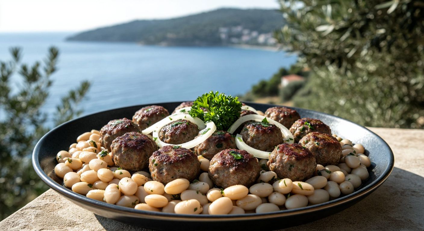 A steaming plate of köfte piyaz—juicy meatballs nestled on a bed of white beans, garnished with parsley and sliced onions—set against a sunlit Aegean coastline with olive trees in the background.