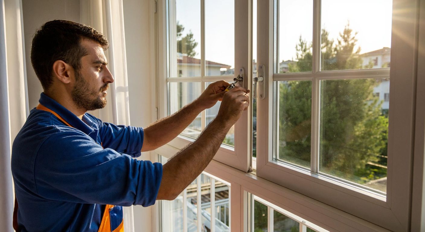 A Turkish handyman in a blue work uniform carefully adjusts the hinges of a white PVC window frame with a screwdriver, while sunlight streams through the glass pane onto a tiled balcony.
