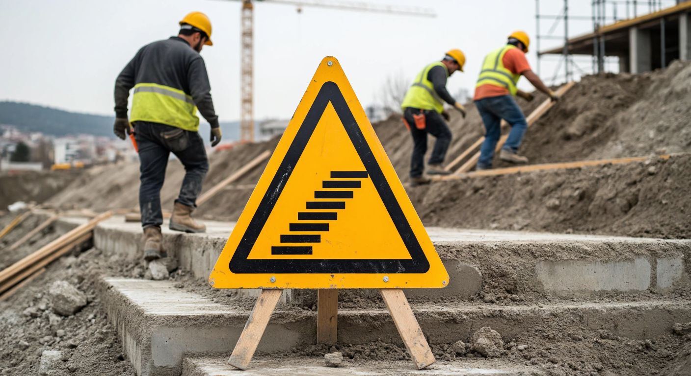 A yellow triangular warning sign with a black silhouette of stairs, placed on a construction site in Turkey, with workers in hard hats carefully stepping over uneven steps.