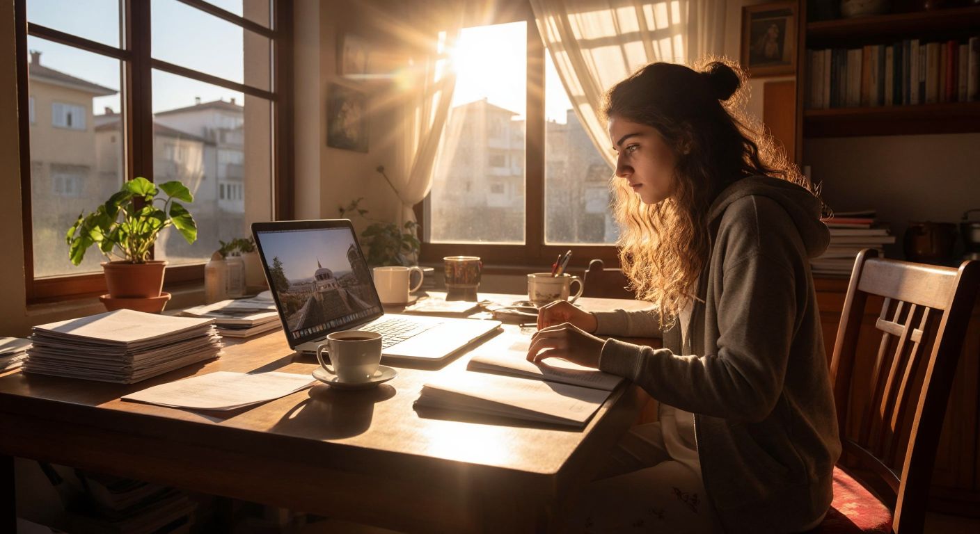 A determined young student in Turkey sits at a wooden desk with a laptop open, surrounded by neatly stacked documents and a passport, while sunlight streams through a window onto a cup of Turkish tea.