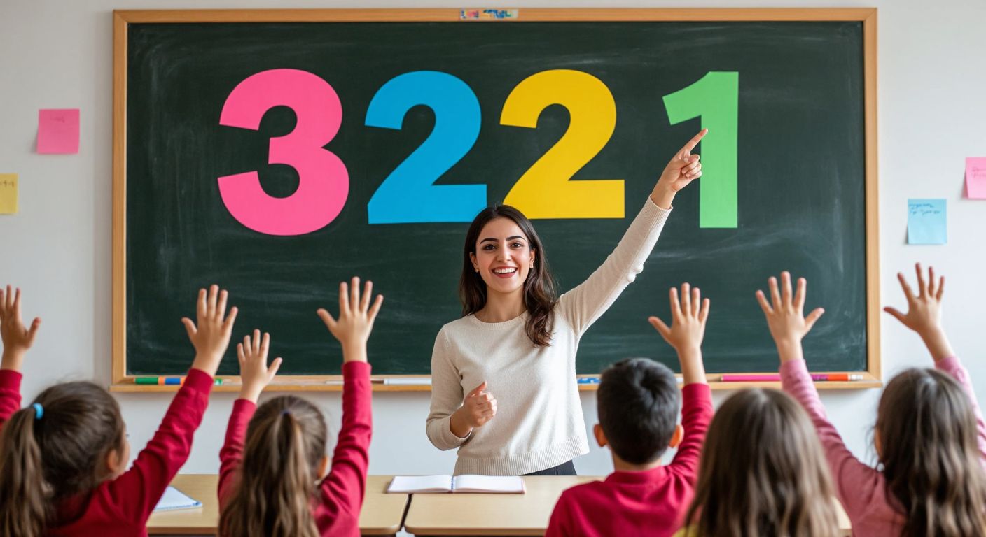 A cheerful Turkish teacher in a classroom points at a blackboard with three large, colorful numbers (3, 2, 1) while young students smile and raise their hands eagerly.  

(Note: The blackboard contains no written text—only the numbers as abstract shapes.)
