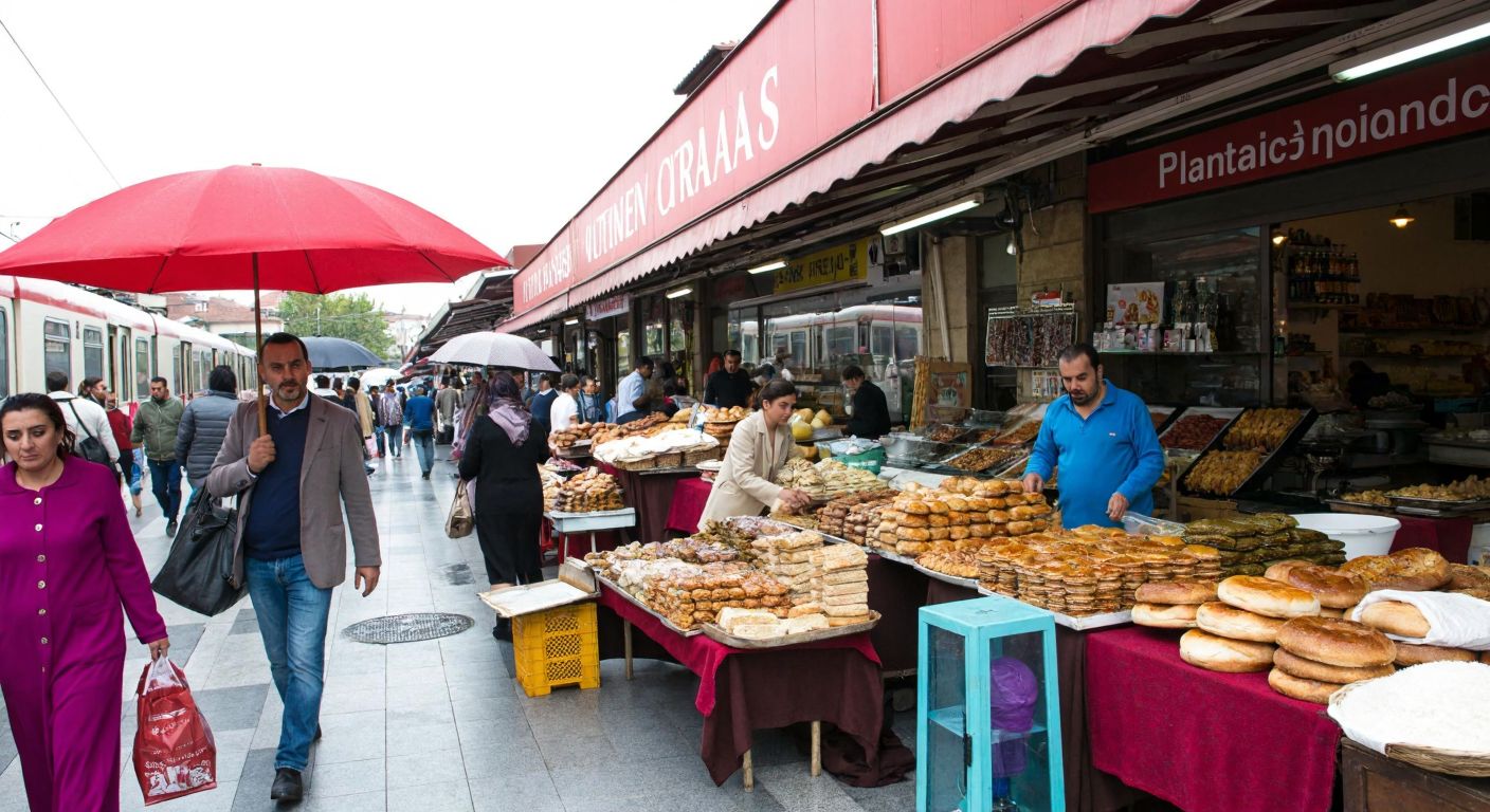 A bustling Turkish marketplace with vendors displaying fresh bread, baklava, and rice, while shoppers browse clothing and umbrellas, with a train passing in the background and a pharmacy sign nearby.