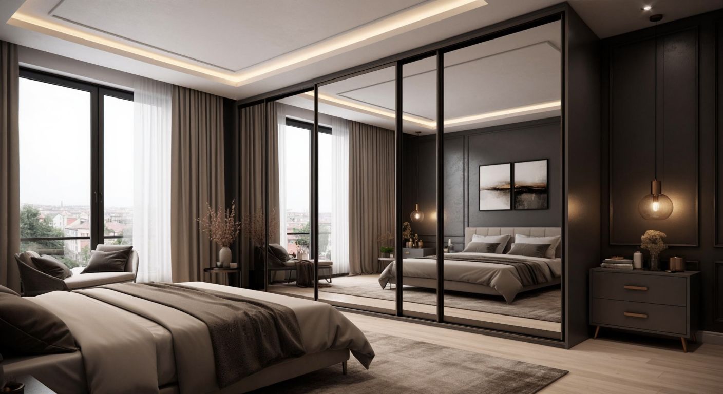 A sleek, modern sliding wardrobe with mirrored doors seamlessly integrated into a cozy Turkish bedroom, showcasing space-saving functionality and elegant design.