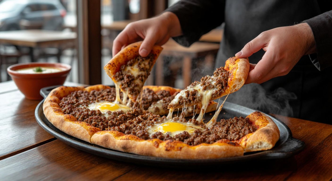 A steaming golden pide topped with rich minced meat and melted butter, freshly pulled from a wood-fired oven in a cozy Ankara eatery, with hands eagerly reaching to tear off a piece.