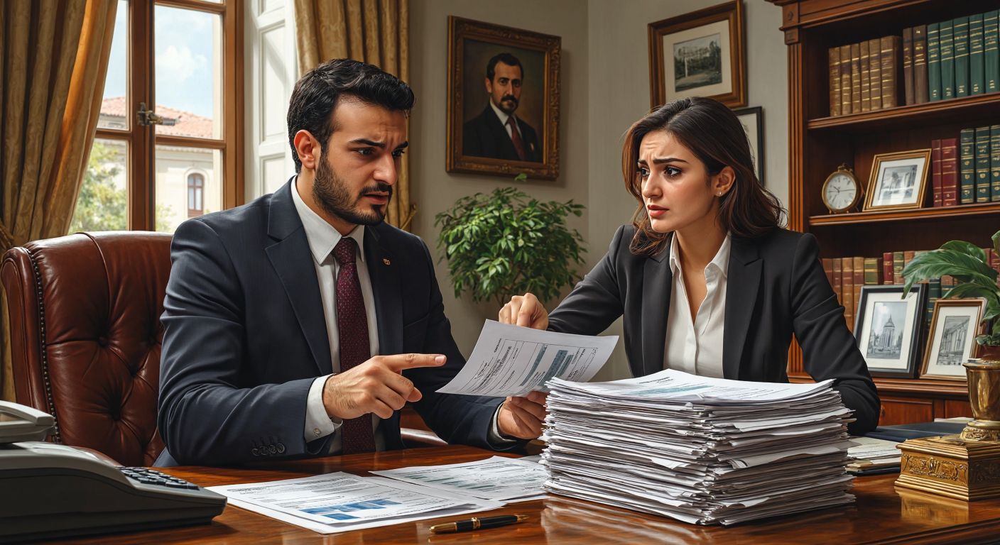 A Turkish accountant in a formal office setting points to a stack of documents labeled with various tax categories, while a concerned citizen listens attentively, surrounded by symbols of property, vehicles, and invoices.