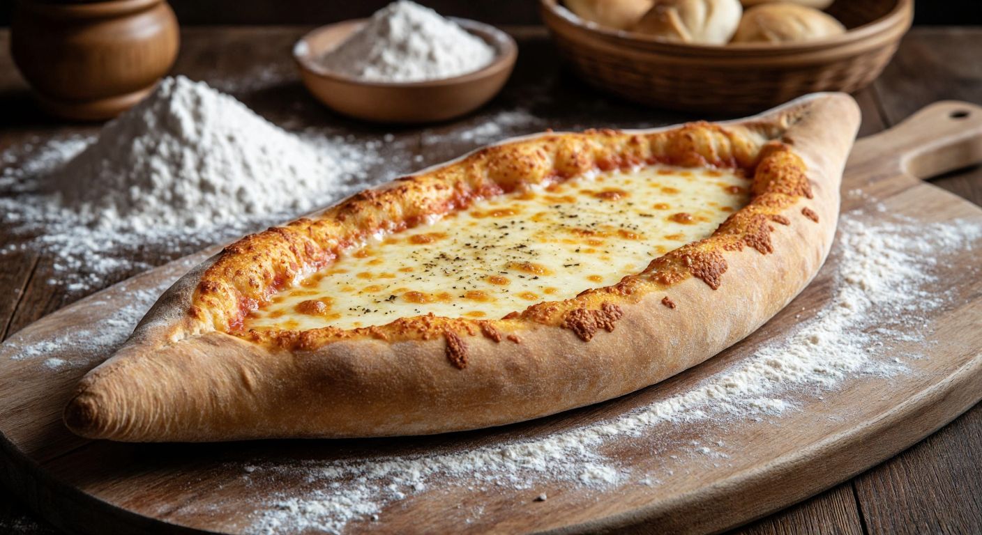 A warm, golden-brown Görele pide with a crispy yet soft crust, freshly baked in a traditional stone oven, topped with melted "imansız peynir," surrounded by scattered flour and dough ingredients like yeast and sugar on a wooden table in a Turkish bakery.