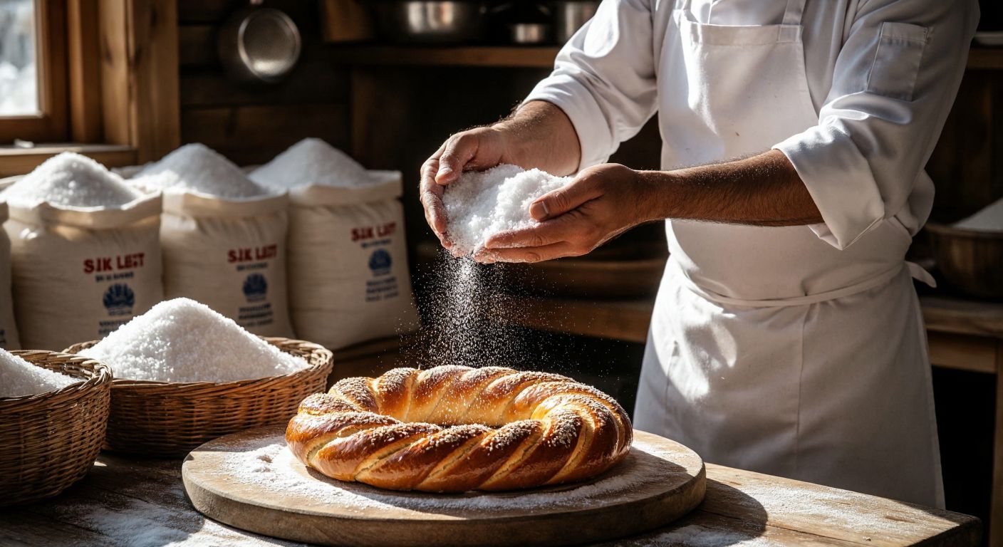 A Turkish chef in a white apron carefully sprinkling pure white salt crystals over a freshly baked simit on a wooden table, with sacks of labeled salt in the background under warm sunlight.
