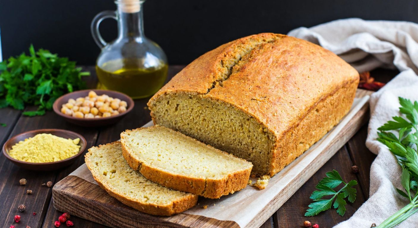A rustic wooden table in a cozy Turkish kitchen holds a freshly baked, golden-brown gluten-free vegan loaf, sliced to reveal its soft interior, surrounded by ingredients like chickpea flour, olive oil, and fresh herbs.