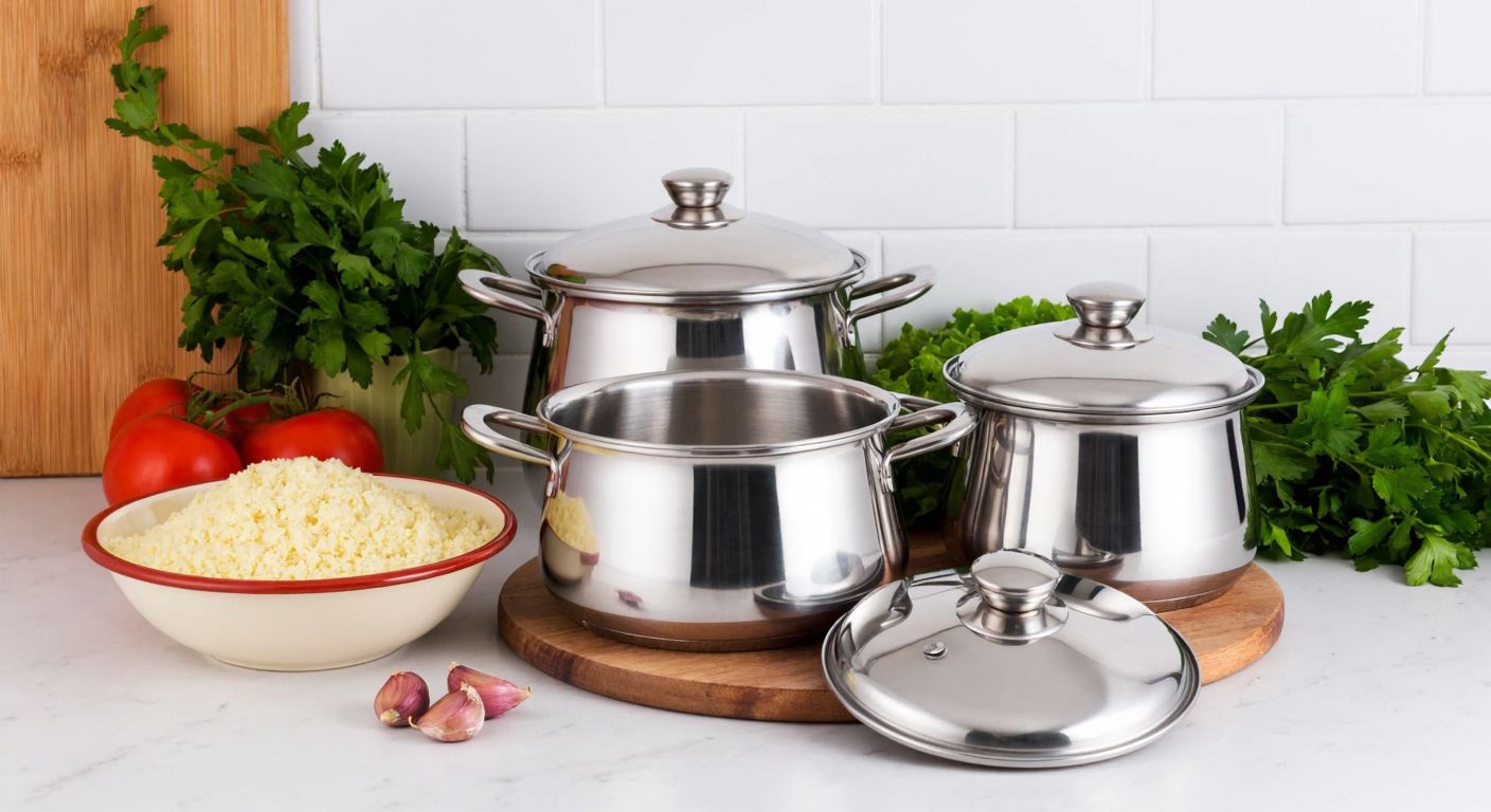 A neatly arranged set of three stainless steel couscous pots with perforated steamers, placed on a Turkish kitchen counter beside fresh herbs and a bowl of fluffy couscous.