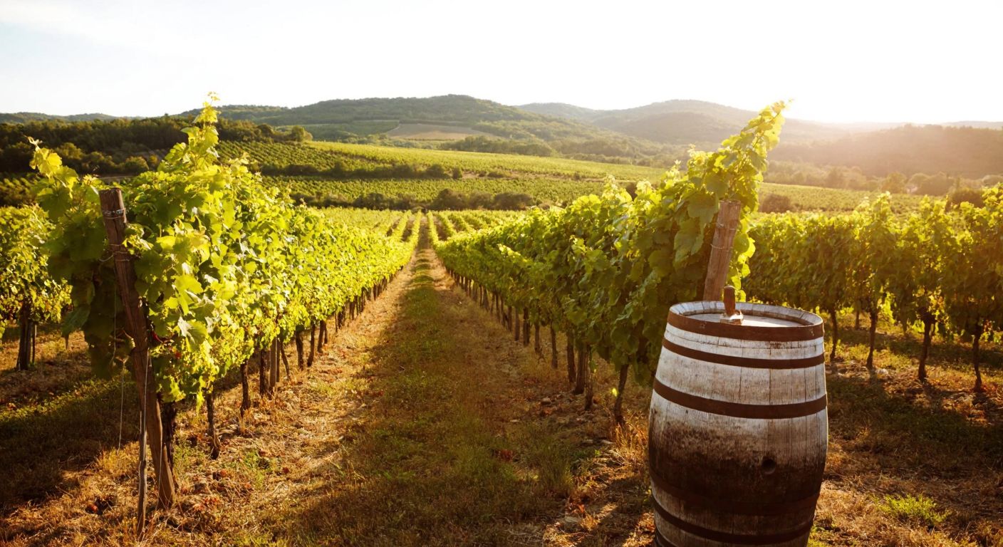 A rustic French vineyard bathed in golden sunlight, with rows of lush Muscat grapevines stretching toward rolling hills, and a weathered wooden barrel nearby.